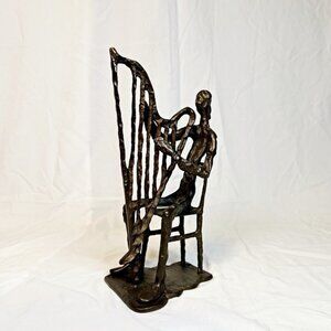 Vintage Mid Century Cast Bronze Metal Sculpture of a Man Playing a Harp
